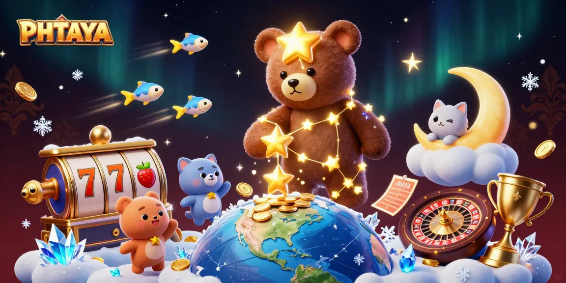 PHTAYA's vibrant casino scene depicting the constellation bear surrounded by golden coins, slot reels, and festive elements.