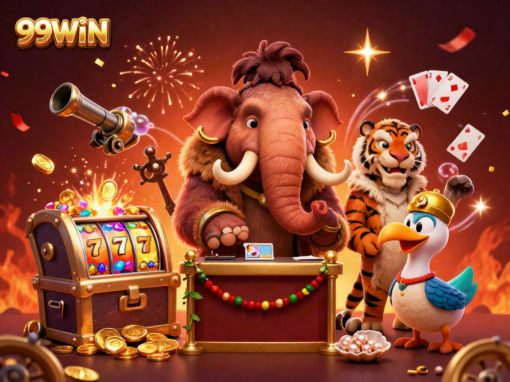 Experience the vibrant world of 99WIN with cartoon characters celebrating at a casino, surrounded by treasures and excitement.