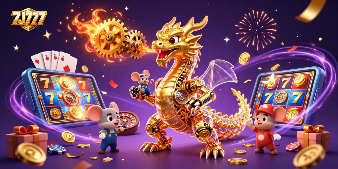 Engage with vibrant 7J777 victories featuring a golden dragon and exciting slot game elements.