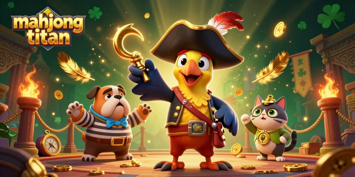 Engage in Mahjong Titan with thrilling gameplay featuring parrot captain and dog in a dynamic gambling scene.