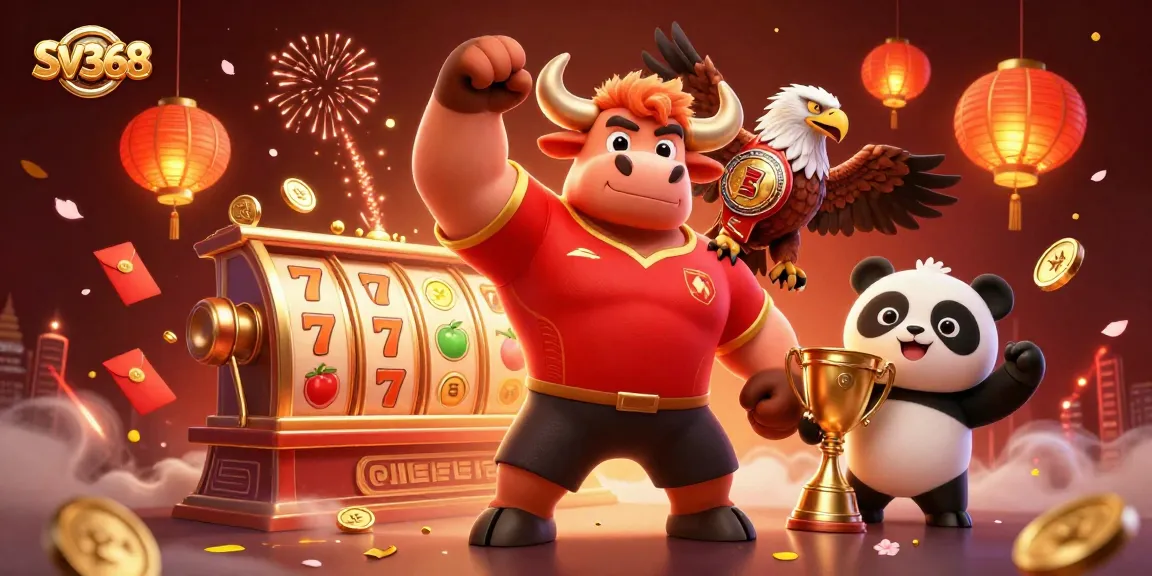 Experience SV368 excitement with a winning bull, eagle, and panda in a vibrant casino scene.