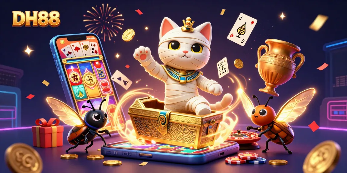 Engage with DH88 in this vibrant 3D casino scene featuring a lively Egyptian mummy cat and thrilling slot action!