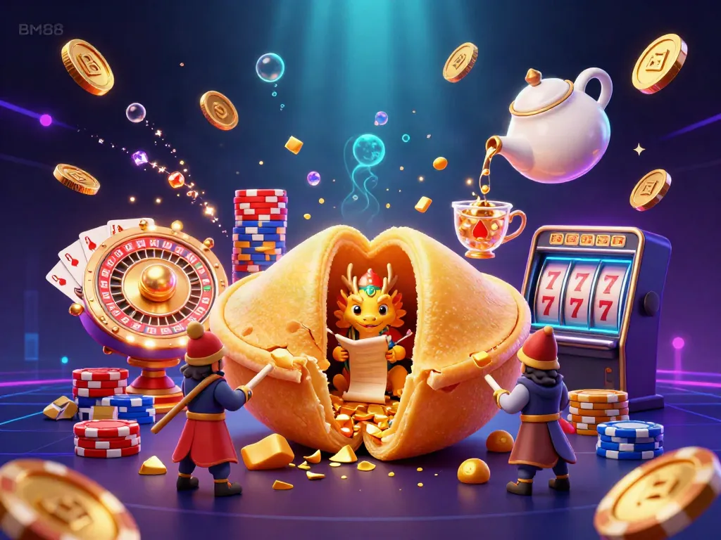 Engage in the excitement of BM88 with vibrant 3D casino elements, from golden fortune cookies to dynamic gaming visuals.