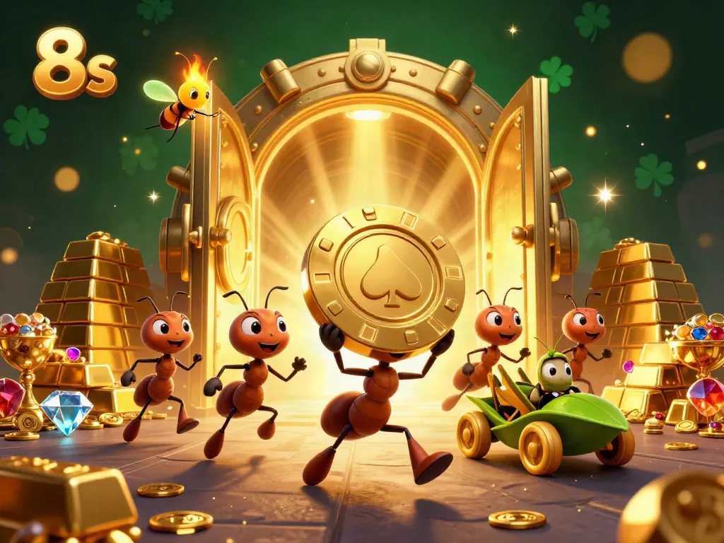 Experience the thrill of 8s with engaging cartoon characters celebrating casino wins amidst gold treasures.