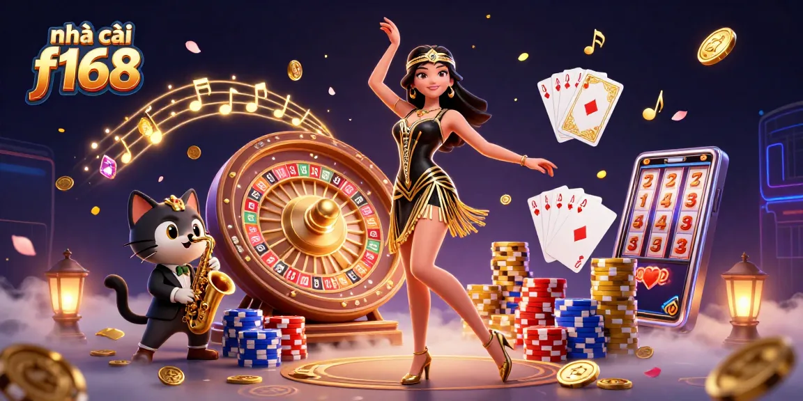 Experience excitement with nhà cái f168 featuring vibrant casino elements and characters in an engaging illustration.