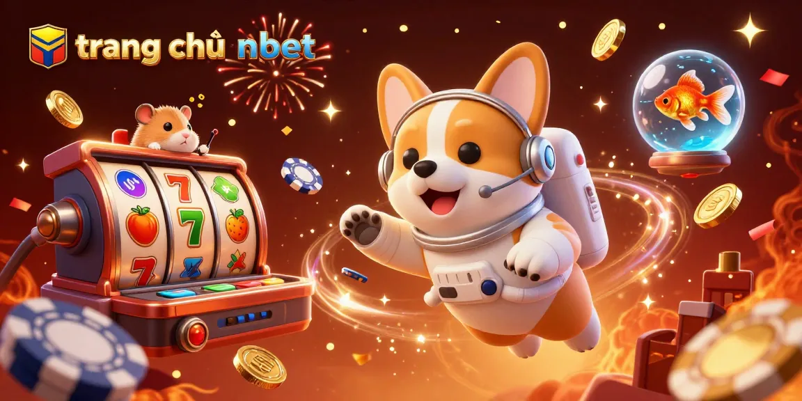 Engaging scene with a corgi, hamster, and goldfish at trang chủ nbet, highlighting floating slot reels and casino elements.