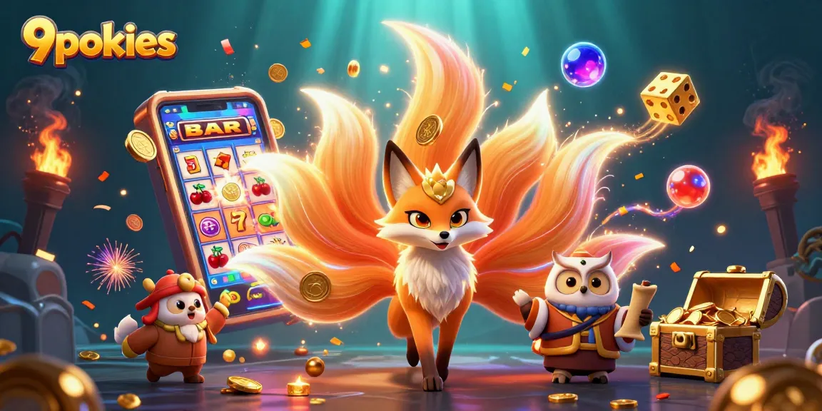 Engage with 9pokies featuring a vibrant scene with a nine-tailed fox, wise owl, and casino elements.
