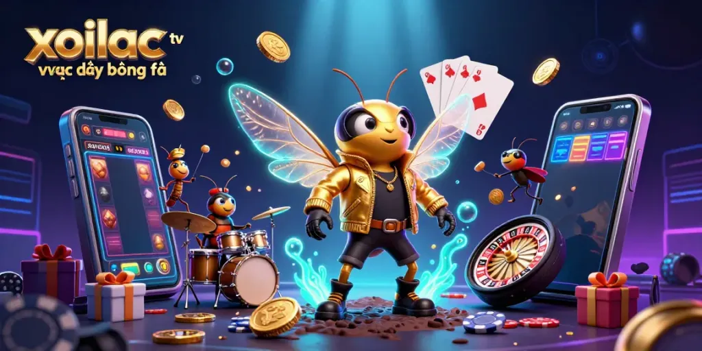 Xoilac tv trực tiếp bóng đá showcases a vibrant 3D illustration of a rock star with casino elements in an engaging scene.