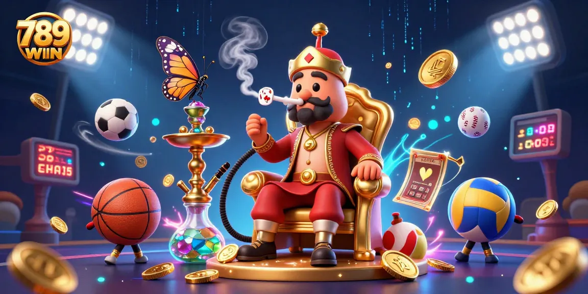Engage with 789WIN in an exciting 3D casino scene featuring vibrant characters and dynamic sports elements.