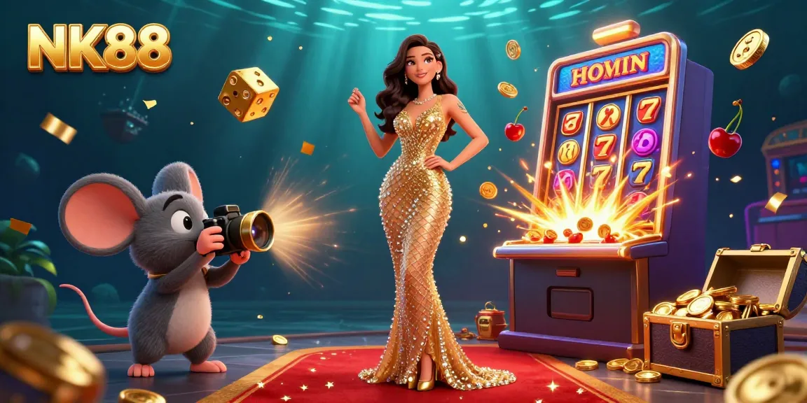 Experience NK88's vibrant gambling atmosphere with stunning visuals of a golden gown and jackpot excitement.