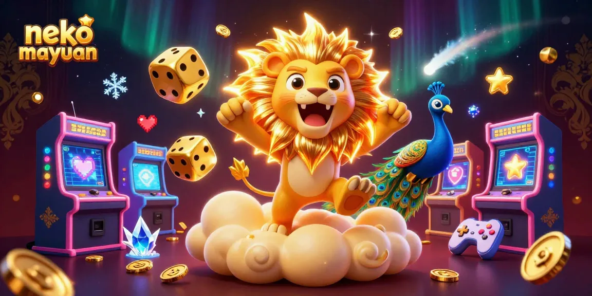 Experience thrilling gameplay with neko may mắn, featuring golden lion, dice, and arcade machines.