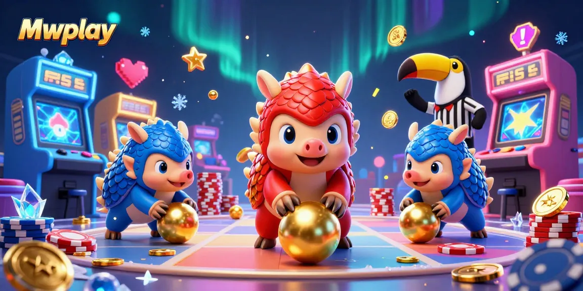 Mwplay offers an exciting gambling experience as a 3D pangolin duo competes in this vibrant casino illustration.