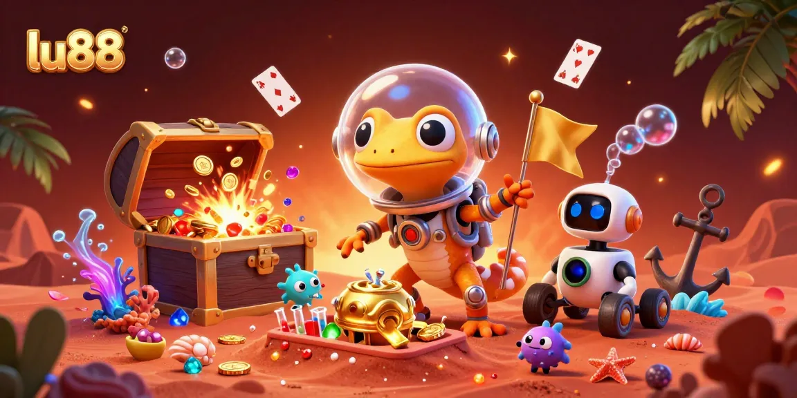 Experience thrilling games at lu88 in this vibrant casino illustration with a Martian gecko discovering treasures.