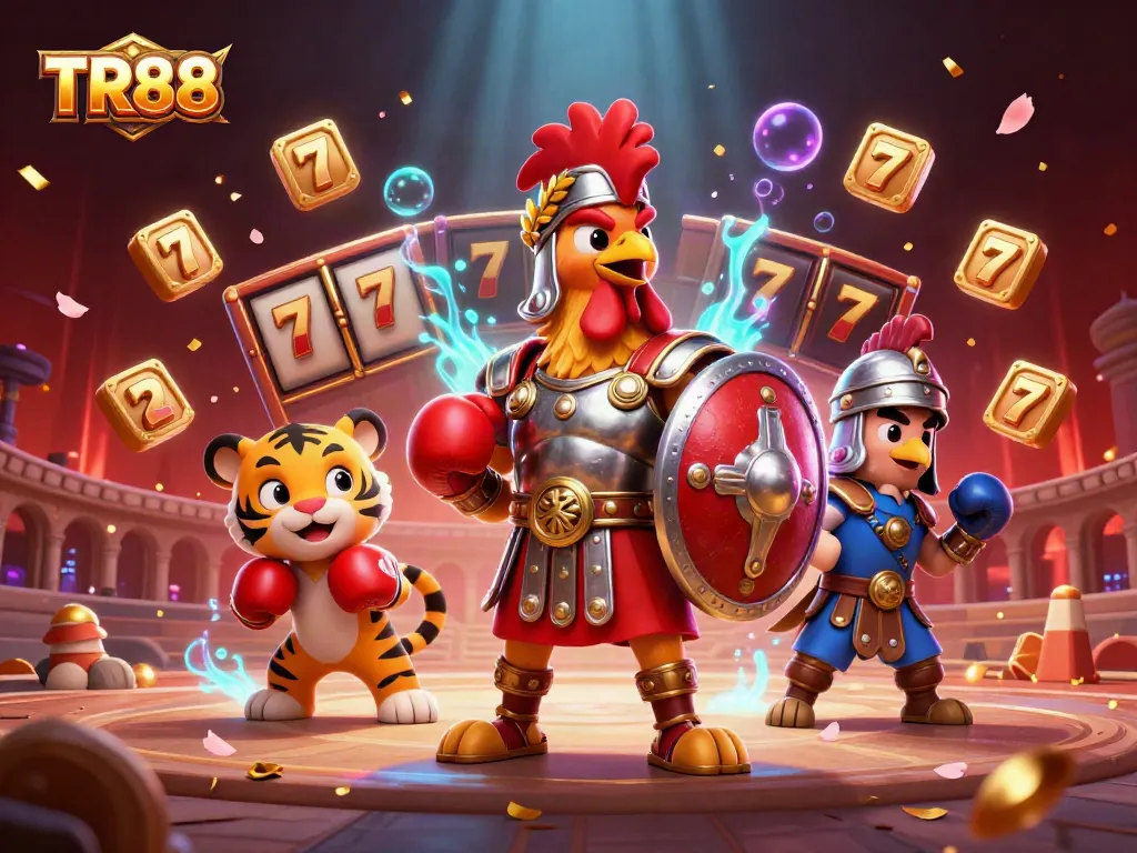 Engage with TR88's vibrant 3D casino scene featuring a rooster gladiator and exciting slot elements.