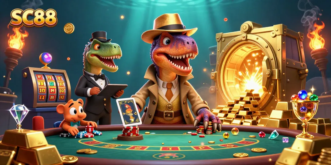Engage with SC88's thrilling blackjack scene featuring a velociraptor card counter amidst gold treasures.