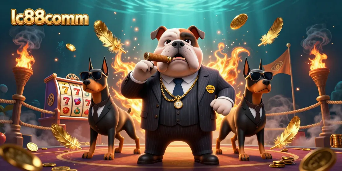Spin to win big with lc88comm's vibrant 3D illustration featuring a mafia boss and Doberman bodyguards.