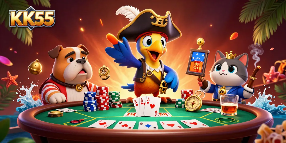 Experience the exciting gameplay at KK55 with pirate characters leading poker action and vibrant casino elements.