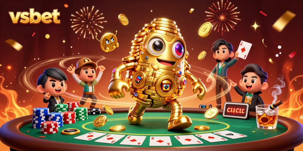 Engage with the vibrant vsbet casino scene featuring a golden golem and poker elements.