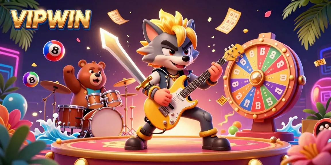 Experience VIPWIN's thrilling moment with a vibrant 3D illustration of a rock star wolf and a drummer bear in action.