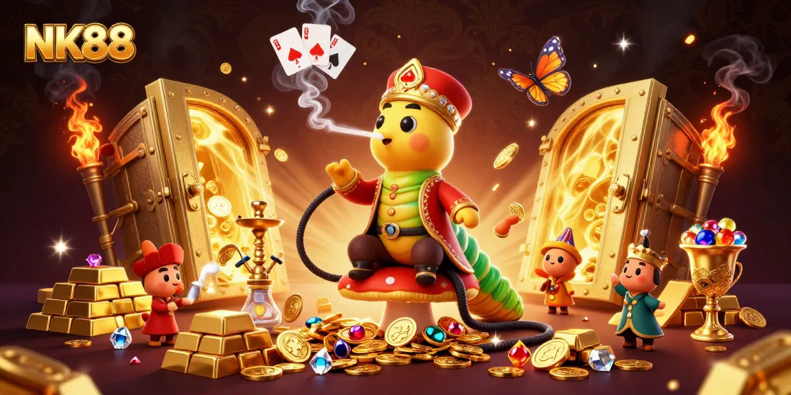 Experience the thrill of NK88 with poker symbols emerging from smoke rings in this vivid illustration.