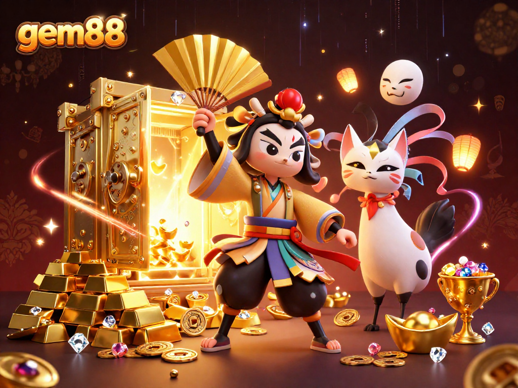 Experience the thrill of gem88 with a kabuki warrior and treasures in a vibrant casino scene.