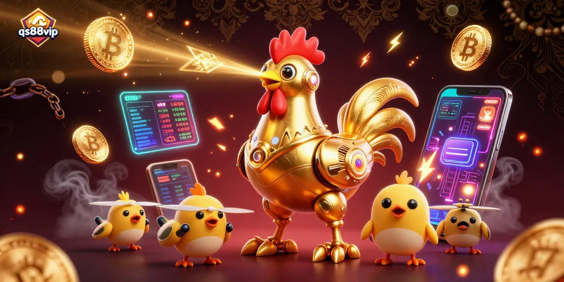Engage with qs88vip's casino thrills, featuring a golden rooster robot with crypto elements and vibrant color.