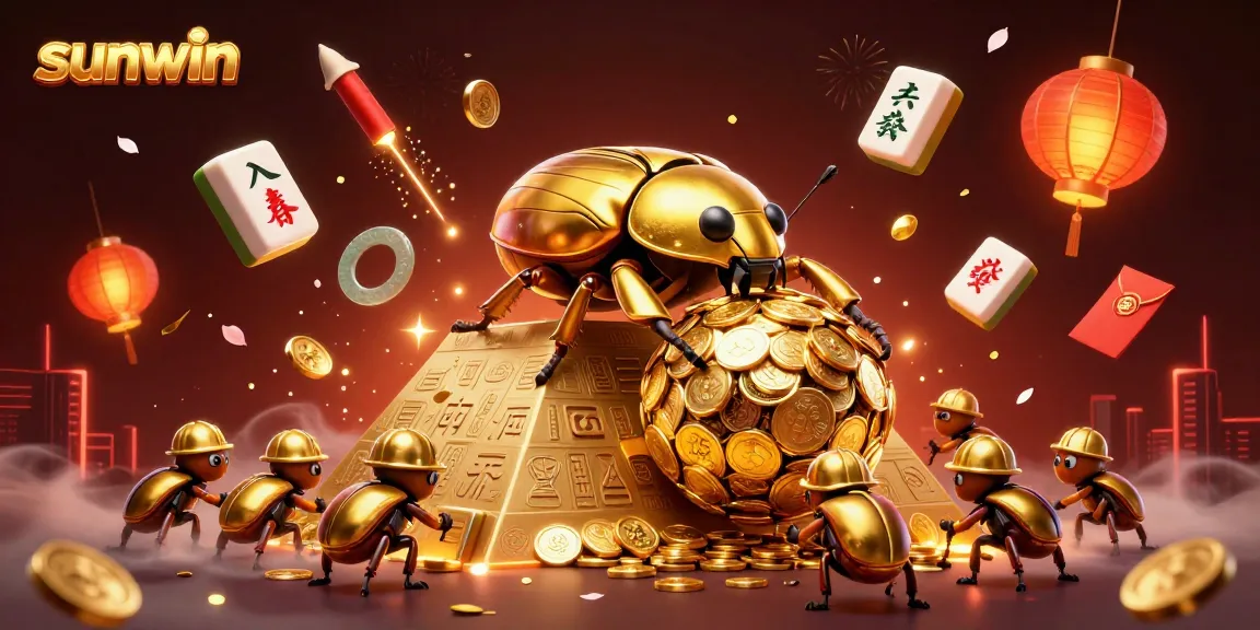 Engage with sunwin's exciting online games featuring animated golden beetles and festive casino symbols.