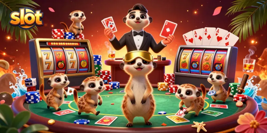 Experience thrilling slot action with a vibrant meerkat casino scene showcasing colorful slot reels and lively gaming.