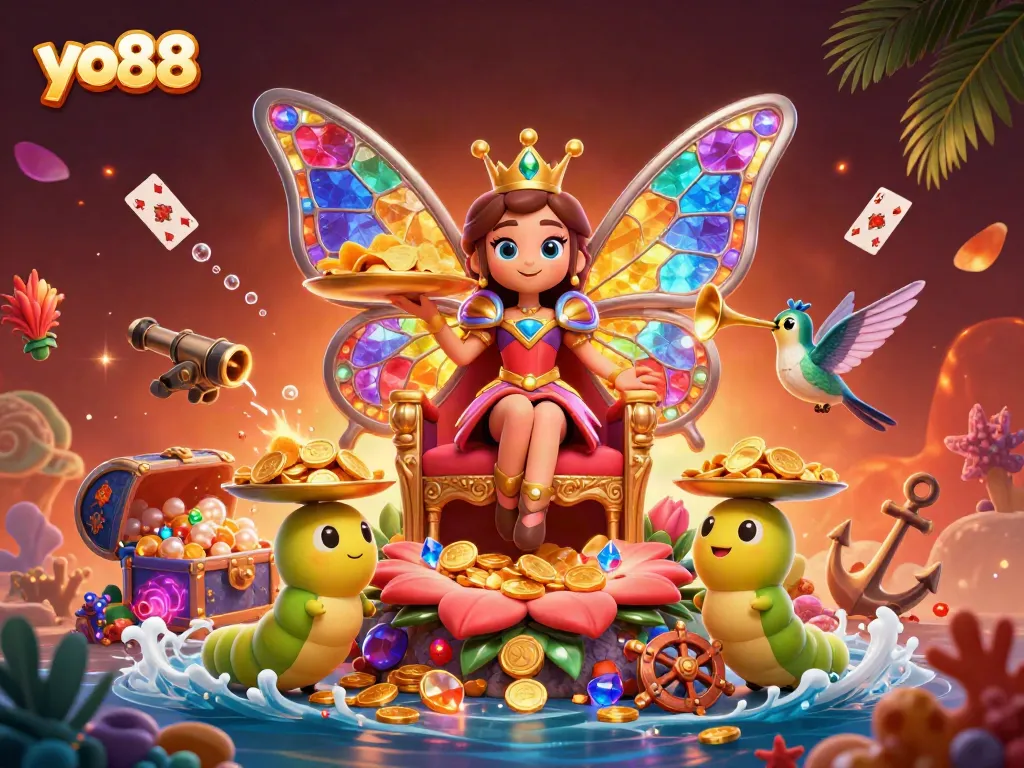 Experience vibrant yo88 gameplay with a butterfly queen amidst gold coins and gem treasures.