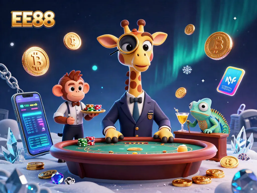 Experience EE88 with a vibrant 3D cartoon scene featuring high roller giraffe and crypto elements.