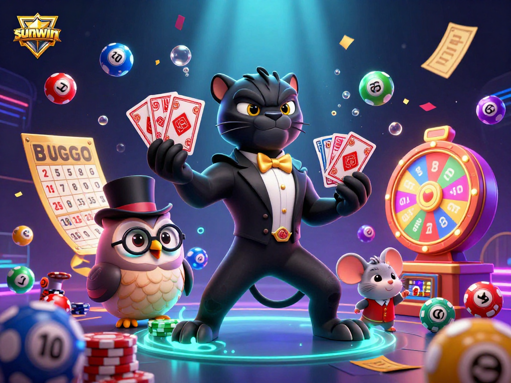 Engage in thrilling gameplay at sunwin with a vibrant 3D illustration of characters and casino elements.