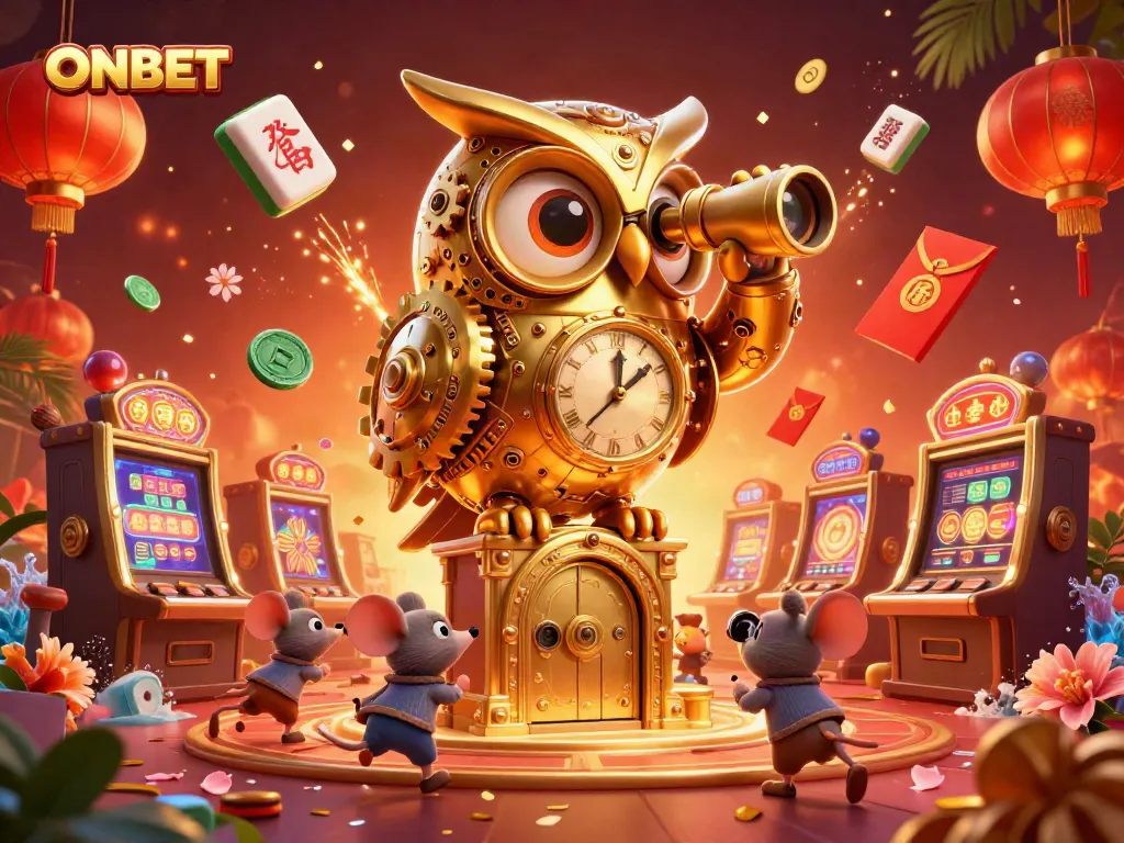 Experience gaming excitement with ONBET's vibrant casino scene featuring a clockwork owl and animated characters.