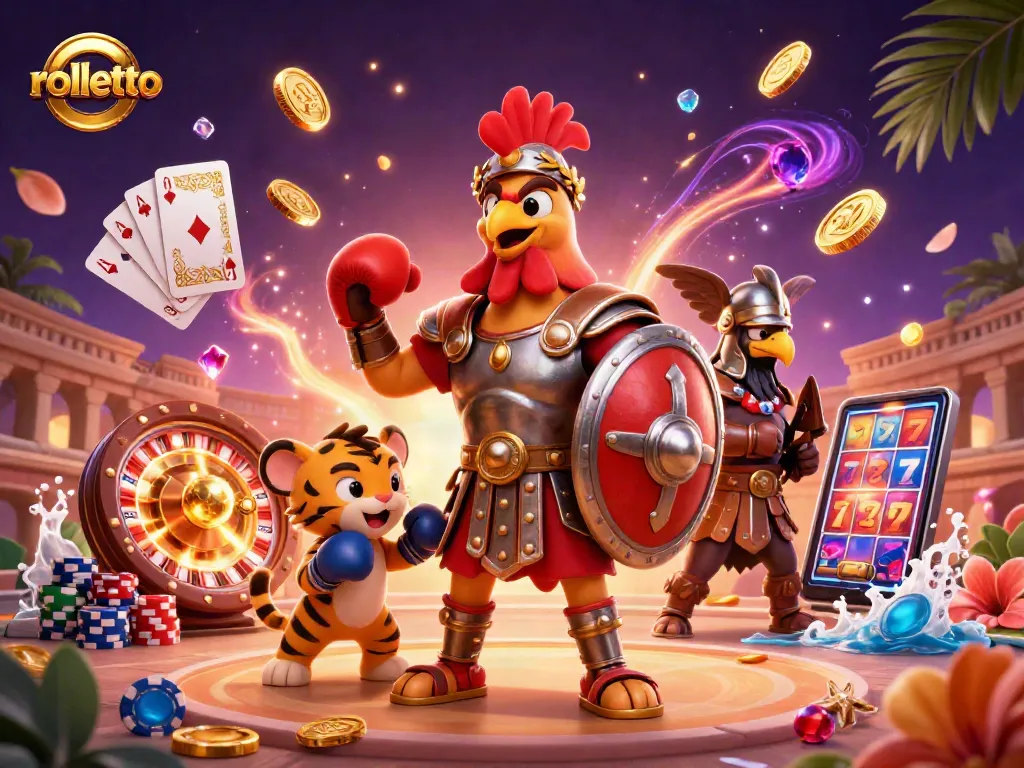 rolletto showcases a thrilling casino scene with a gladiator rooster, golden coins, and vibrant game elements.