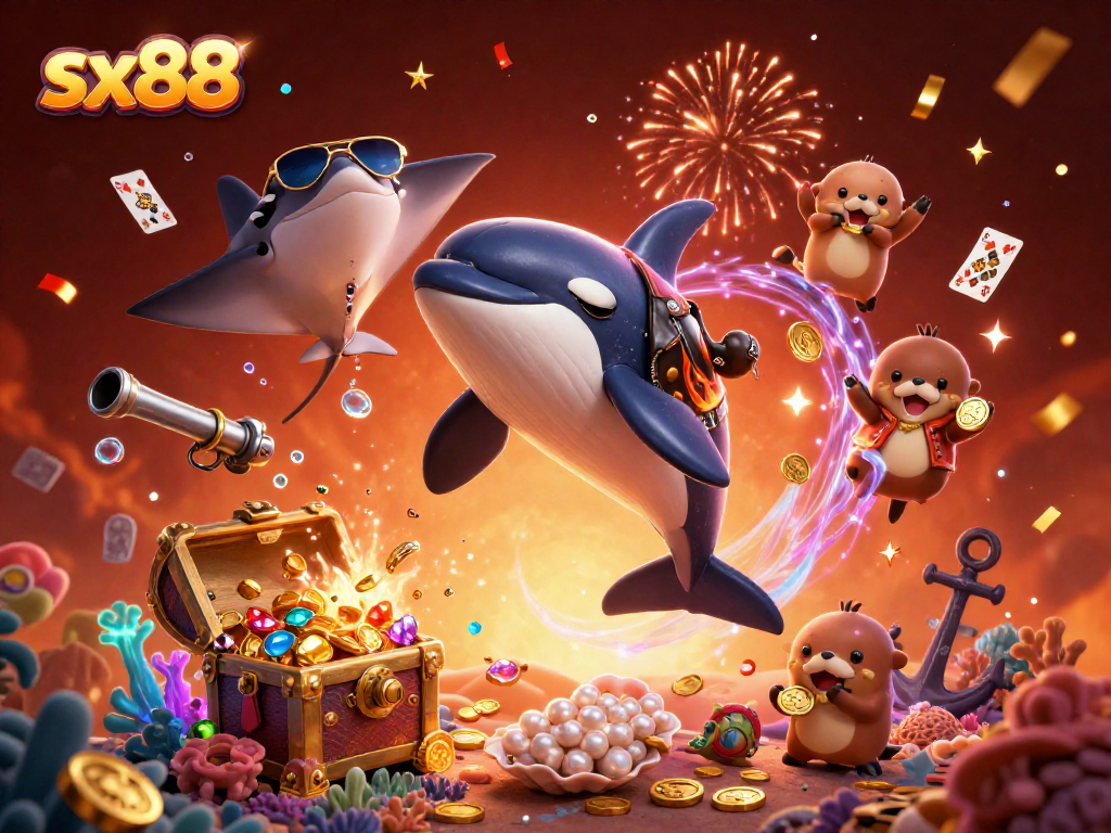SX88 offers exciting underwater treasure games, featuring a jumping whale and otters with coins.
