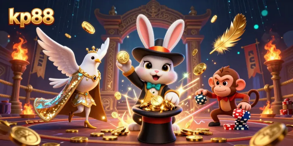 Experience kp88's magic with a 3D rabbit pulling coins, showcasing vibrant casino energy.