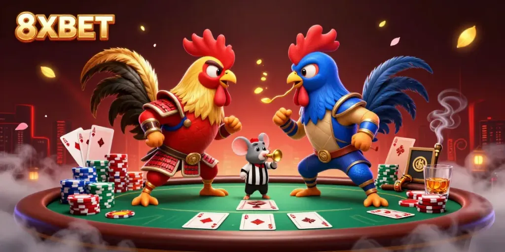 Engage in thrilling action at 8XBET with fighting roosters and vibrant poker elements