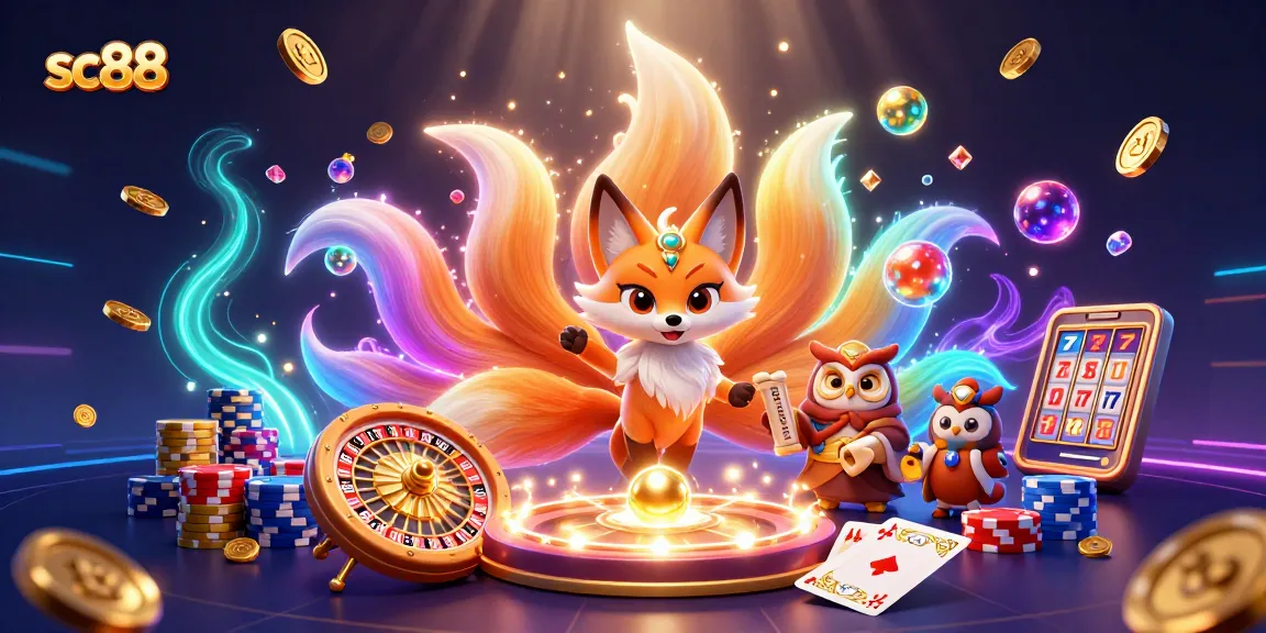 Experience sc88 with enchanting gaming adventures featuring a glowing fox, wise owl sage, and vibrant casino elements.