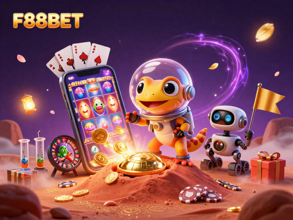 Experience exciting gaming adventures with F88BET in a dynamic Martian casino illustration.