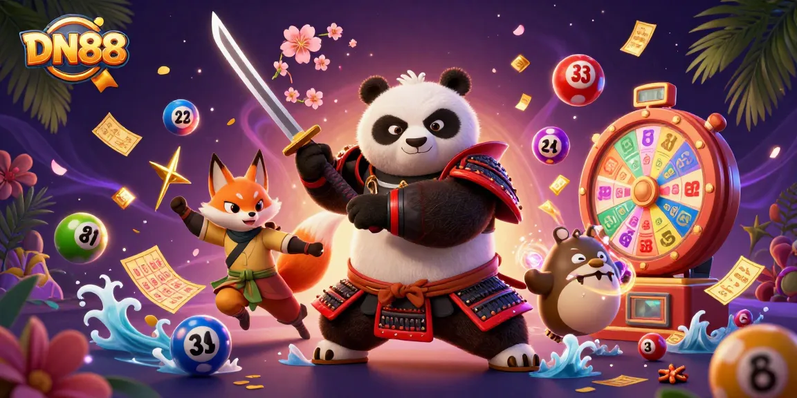 Engage in the vibrant lottery scene of DN88 featuring cartoon samurai panda, ninja fox, and magical energy.