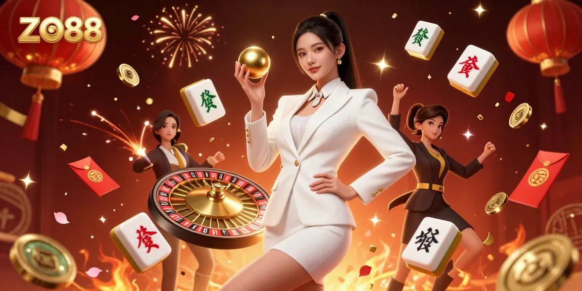 Experience thrilling gameplay at ZO88 with a glamorous Asian woman showcasing a roulette ball amidst luxury casino elements.