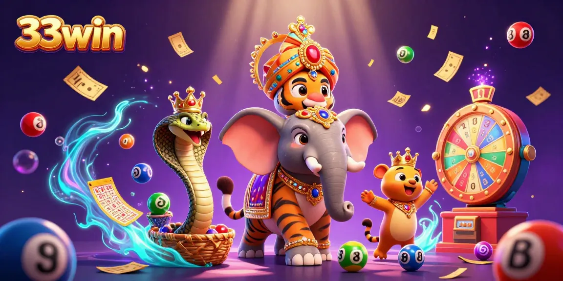 Engage with 33win's thrilling lottery scene featuring a majestic maharaja tiger, elephants, and dynamic game elements.