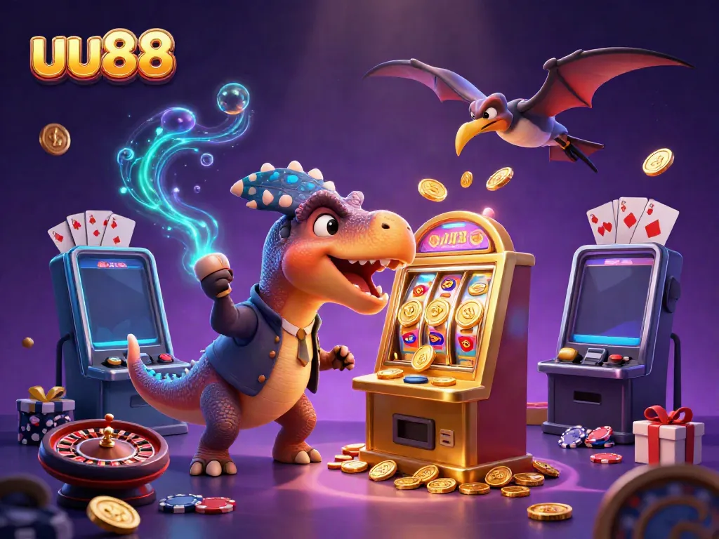 uu88 features a cartoon dinosaur celebrating a jackpot win with golden coins, emphasizing online gambling excitement.