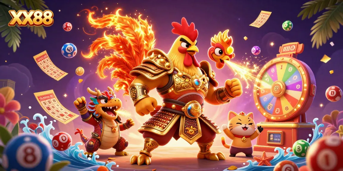 Engage in thrilling games at XX88, featuring cartoon rooster warriors, dragons, and lottery themes.