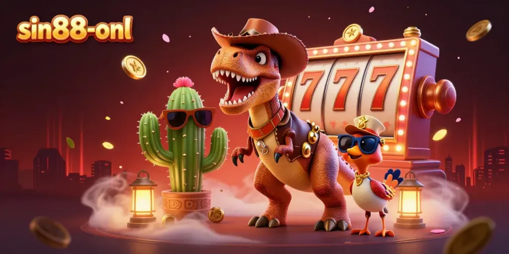 Experience thrilling gaming at sin88-onl with vibrant T-Rex and casino elements.