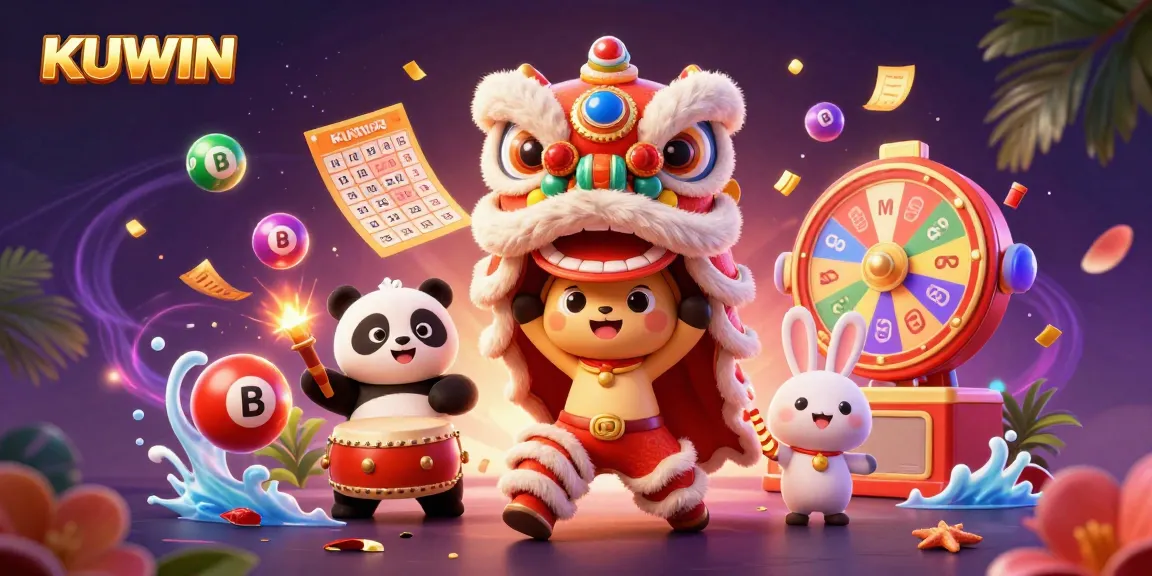 Engage with KUWIN's vibrant casino atmosphere featuring a lively lion dance and lottery elements.