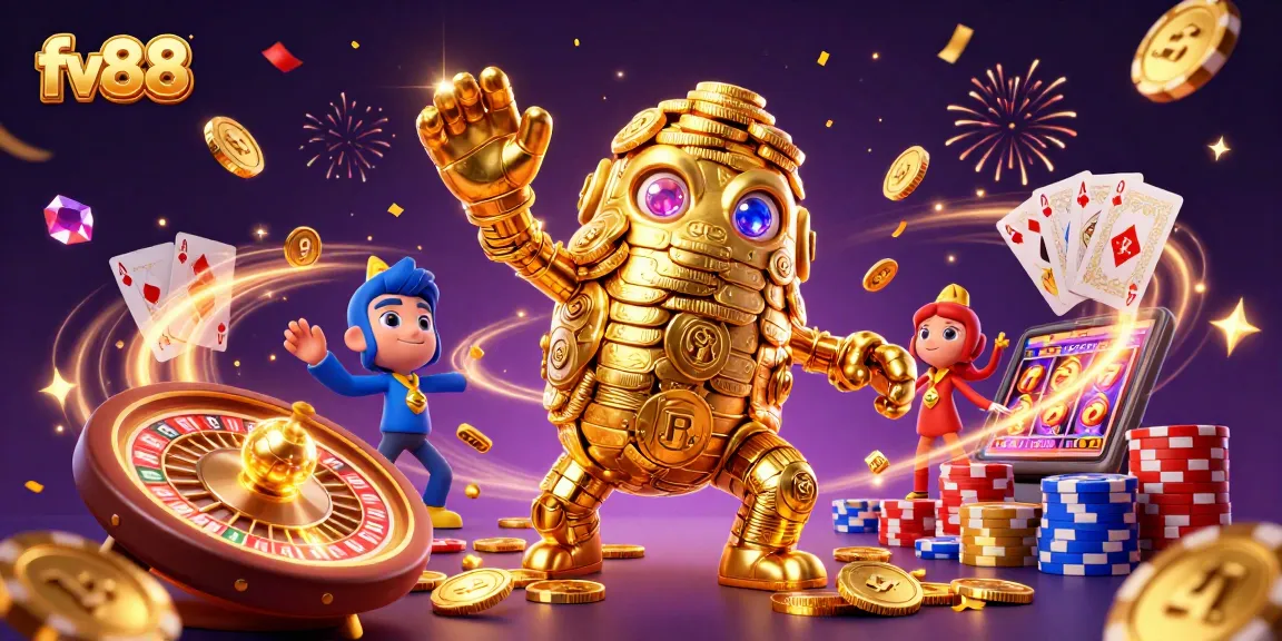 Experience the excitement of fv88 with a golden golem and dynamic casino elements in a rich 3D illustration.