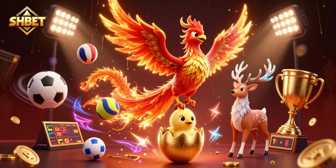 Engage in thrilling betting action with SHBET, featuring dynamic sports elements and a captivating 3D phoenix scene.