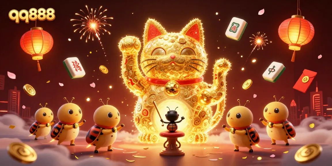 Engage with excitement at qq888, featuring a lucky cat surrounded by vibrant casino symbols.