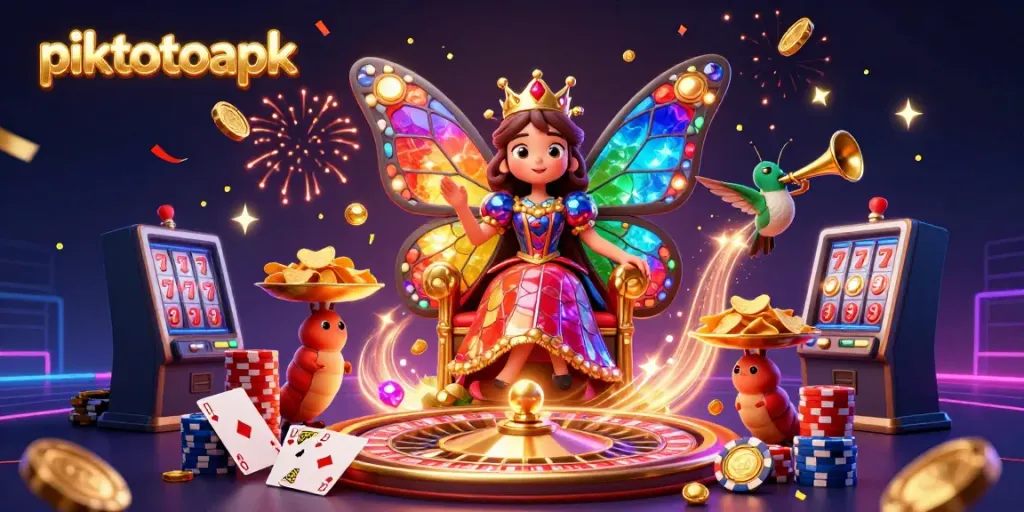 Experience the excitement of piktotoapk with a vibrant casino scene featuring a butterfly queen and dynamic gambling elements.