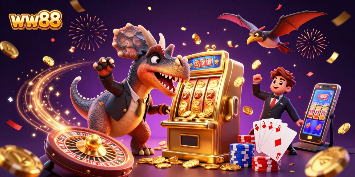 ww88 showcases a pachycephalosaurus hitting a slot machine for jackpot coins in a vibrant casino scene.